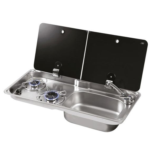 CAN Randi Hob & RH Sink Unit 765 x 355mm (double Glass Lid / 2 Burners / Piezo)