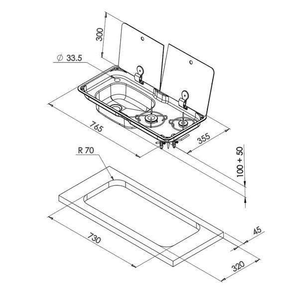 CAN Randi Hob & LH Sink Unit 765 x 355mm (double Glass Lid / 2 Burners / Piezo)