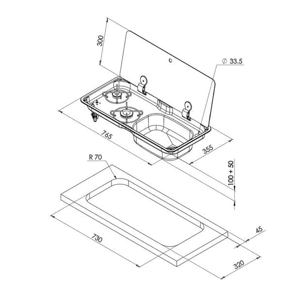 CAN Randi Hob & RH Sink Unit 765 x 355mm (Single Glass Lid / 2 Burners / Piezo)