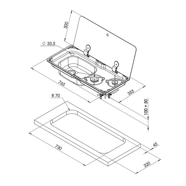 CAN Randi Hob & LH Sink Unit 765 x 355mm (Single Glass Lid / 2 Burners / Piezo)