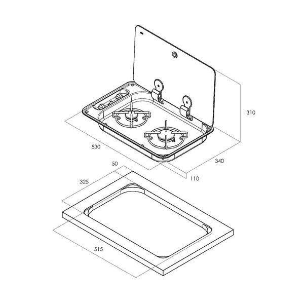 CAN Hoodiny Hob Unit 530 x 340mm (Glass Lid / 2 Burners / 12V)