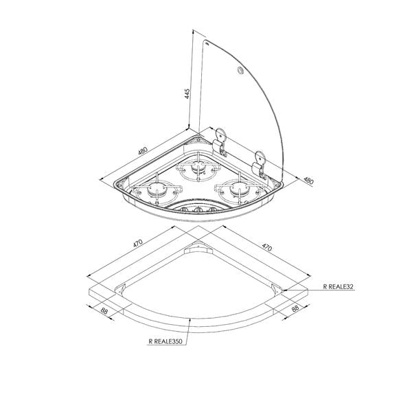 CAN Hoodiny Hob Unit LH Triangle 480mm (Glass Lid / 3 Burners / 12V)