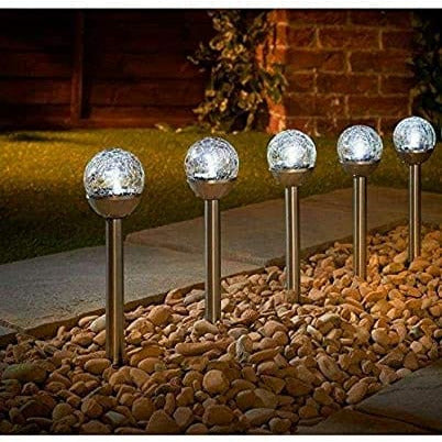Status Household Garden Solar Lights White LED Crackle Ball  8cm S/Steel Stake Light (4 Lights )