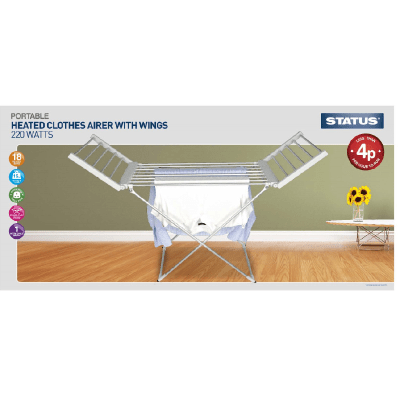 Status Household Heated Clothes Airer with Wings - 220w - Silver - 18 Heated Bars - Portable