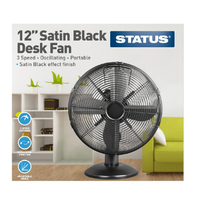 Status Household Status 12" Satin Black Desk Fan - Oscillating - 3 Speed Settings