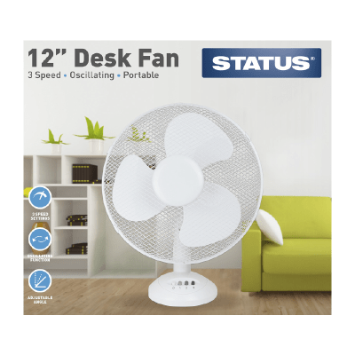 Status Household Status 12" White Desk Fan - Oscillating 3 Speed Settings