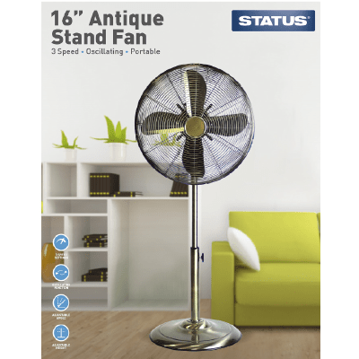 Status Household Status 16" Antique Brass Stand Fan - Oscillating 3 Speed Settings